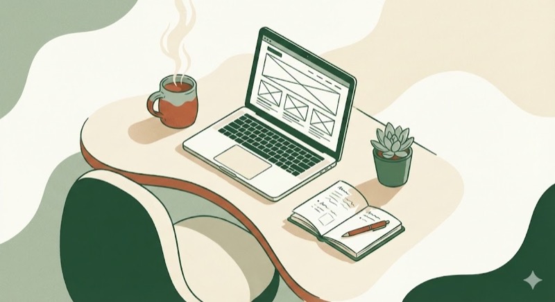 Ilustración de un espacio de trabajo con laptop mostrando wireframes, libreta y café